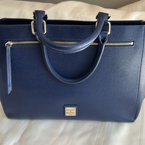 Dooney & Bourke Handbags - Dooney & Bourke Saffiano Zip Satchel Navy with Gold Accents with Shoulder Strap
